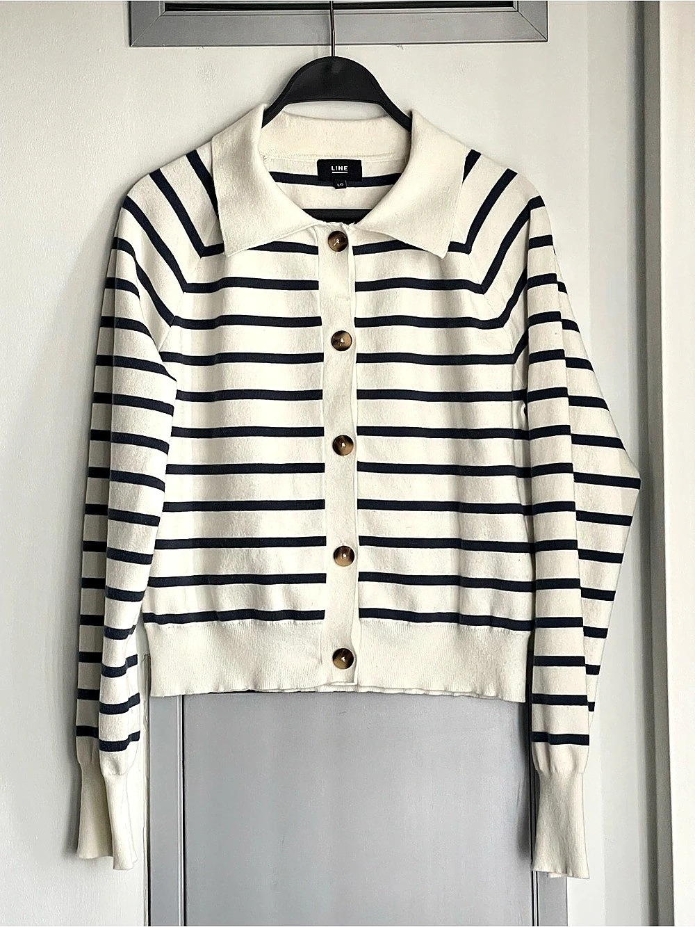 LINE Striped Cropped Polo Sweater in Cream & Blue